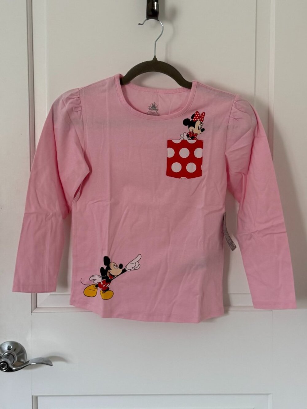 NWT Disney Store Girls Mickey and Minnie Mouse Pink Long Sleeve Pocket Tee SZ M